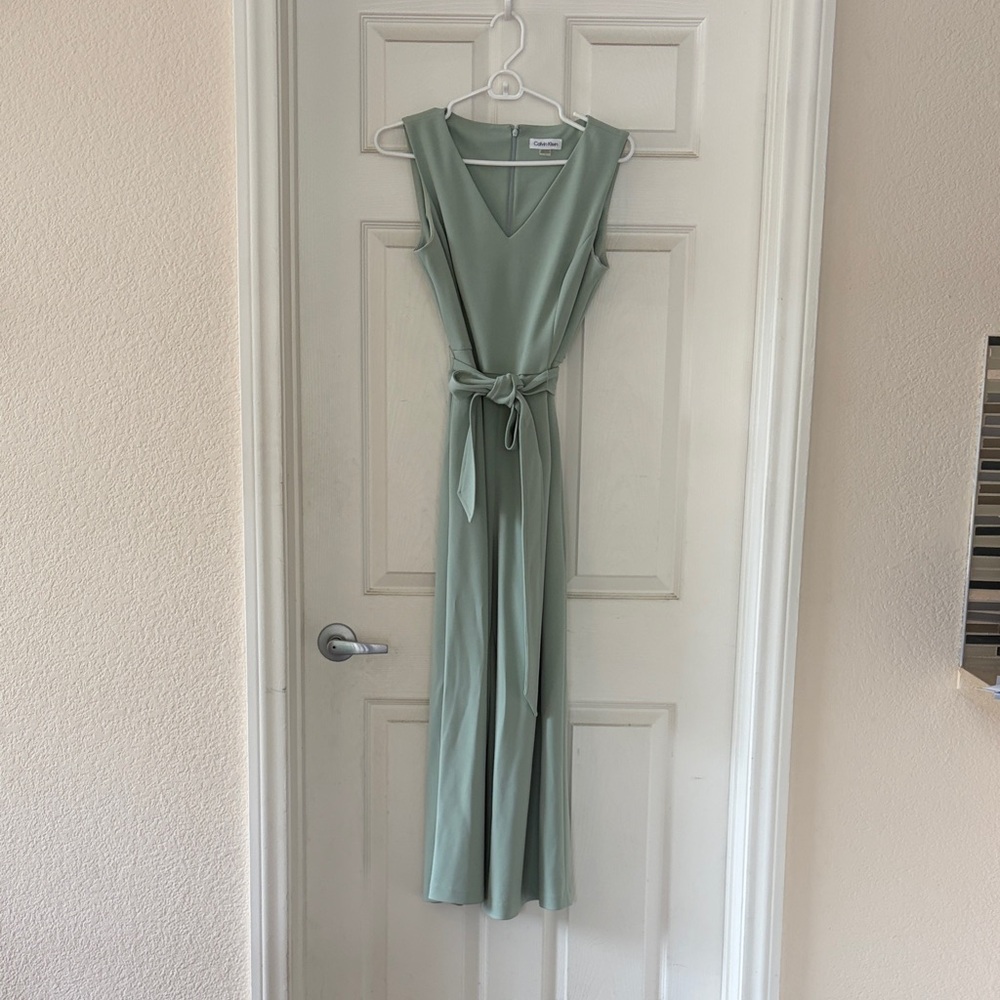 Calvin Klein Sleeveless Sage Green V-Neck Maxi Dress with Tie Waist